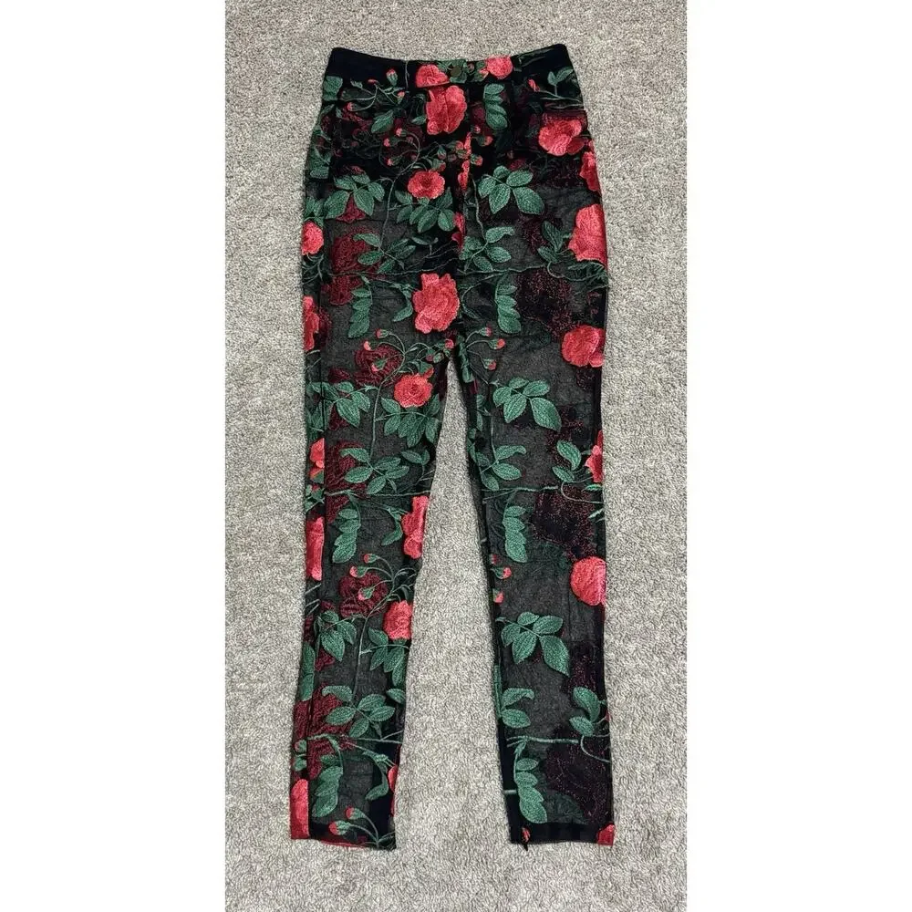 JAGGER & STONE Sheer Red Rose Embroidered Mesh Pants Zip Ankles Floral Size S - Picture 3 of 11